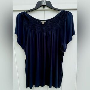 Style & Co Navy Blue Short Flutter Sleeve Top With Ruching At Neckline. 3X. NWT